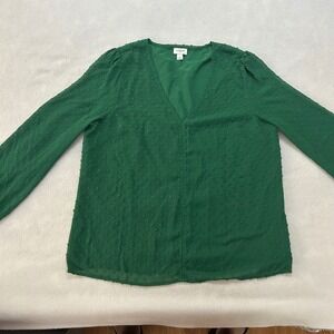 J.Crew Emerald Green Clip Dot V-Neck Long Sleeve Blouse Top Small